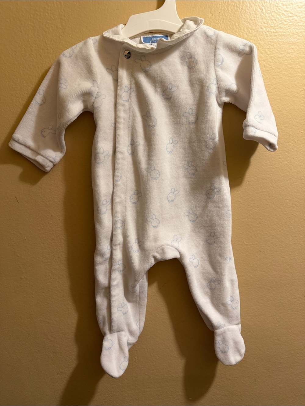 Jacadi Cream One-Piece Footed Romper with Light Blue Bunny Print